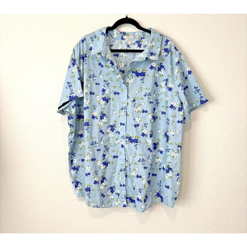 Woman Within 3X Blue Floral Cotton Blend Button Up Short Sleeve Shirt Top